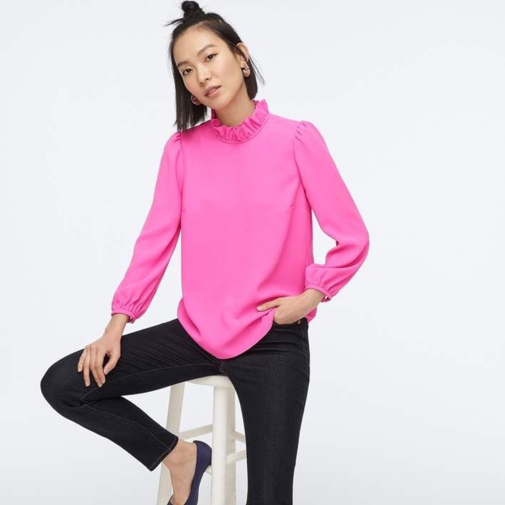 J. Crew XXS‎ Hot Pink Blouse with Puff Sleeves and Mandarin Collar